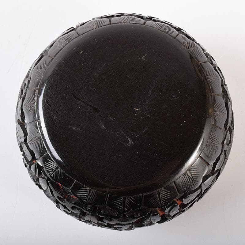 中国　堆朱　堆黒 　花文　蓋物　仕覆付　V　R8261