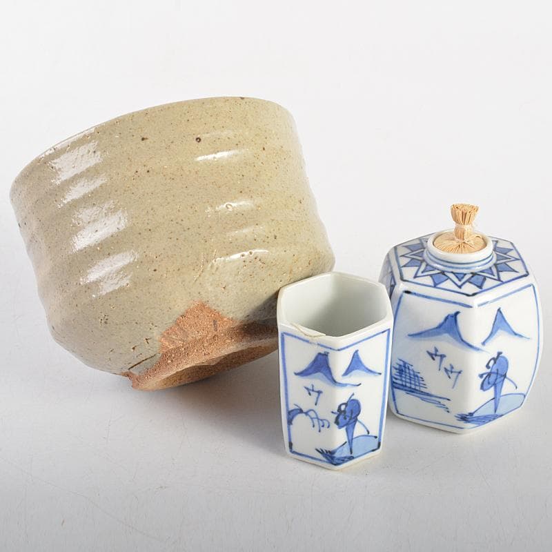 茶道具　利休茶箱　茶碗　平安春峰作　振出など　八点　一式　仕覆付　V　R7509