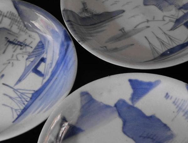 【時代磁器　染付　帆掛　山水文五寸皿　五枚／生掛・切込焼・初期古伊万里】