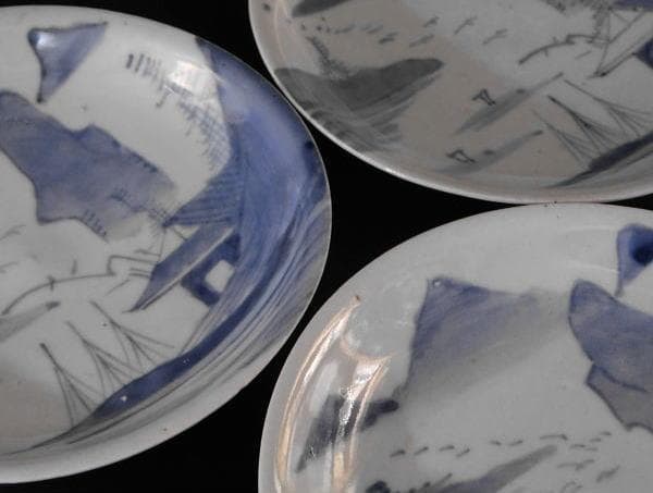 【時代磁器　染付　帆掛　山水文五寸皿　五枚／生掛・切込焼・初期古伊万里】