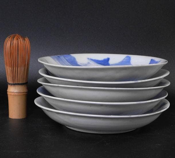 【時代磁器　染付　帆掛　山水文五寸皿　五枚／生掛・切込焼・初期古伊万里】