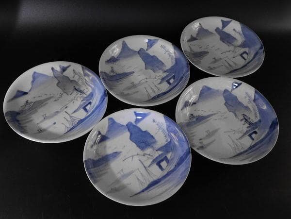 【時代磁器　染付　帆掛　山水文五寸皿　五枚／生掛・切込焼・初期古伊万里】