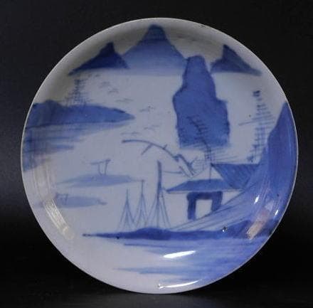 【時代磁器　染付　帆掛　山水文五寸皿　五枚／生掛・切込焼・初期古伊万里】