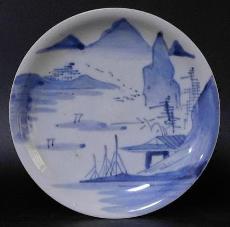 【時代磁器　染付　帆掛　山水文五寸皿　五枚／生掛・切込焼・初期古伊万里】