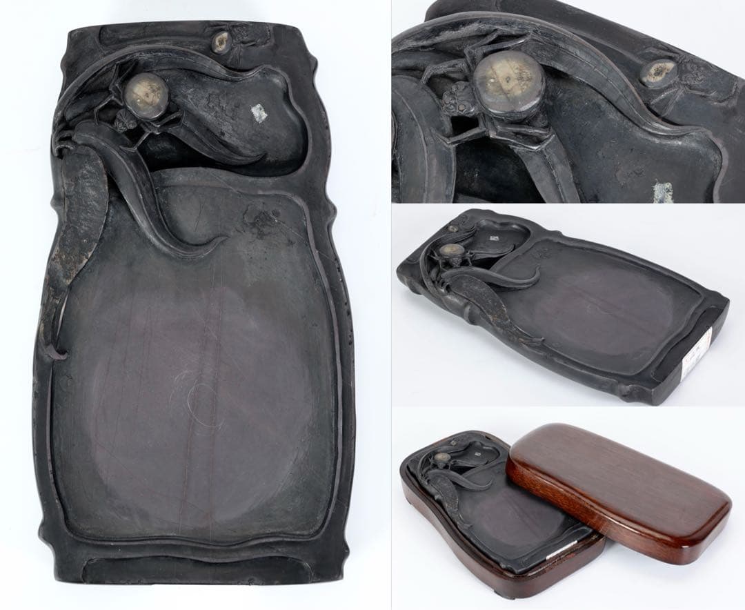 時代物 端渓硯 坑仔岩 蜘蛛紋竹形硯 唐木箱付 書道具 文房四宝 古美術 骨董品