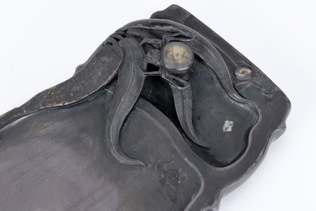 時代物 端渓硯 坑仔岩 蜘蛛紋竹形硯 唐木箱付 書道具 文房四宝 古美術 骨董品