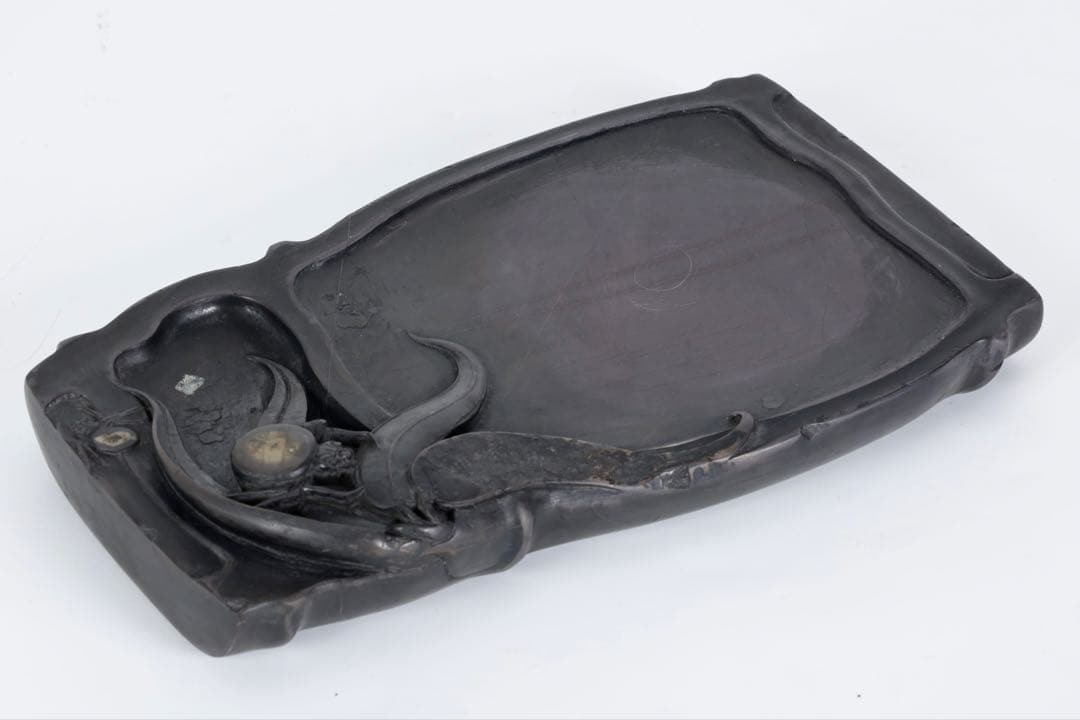 時代物 端渓硯 坑仔岩 蜘蛛紋竹形硯 唐木箱付 書道具 文房四宝 古美術 骨董品