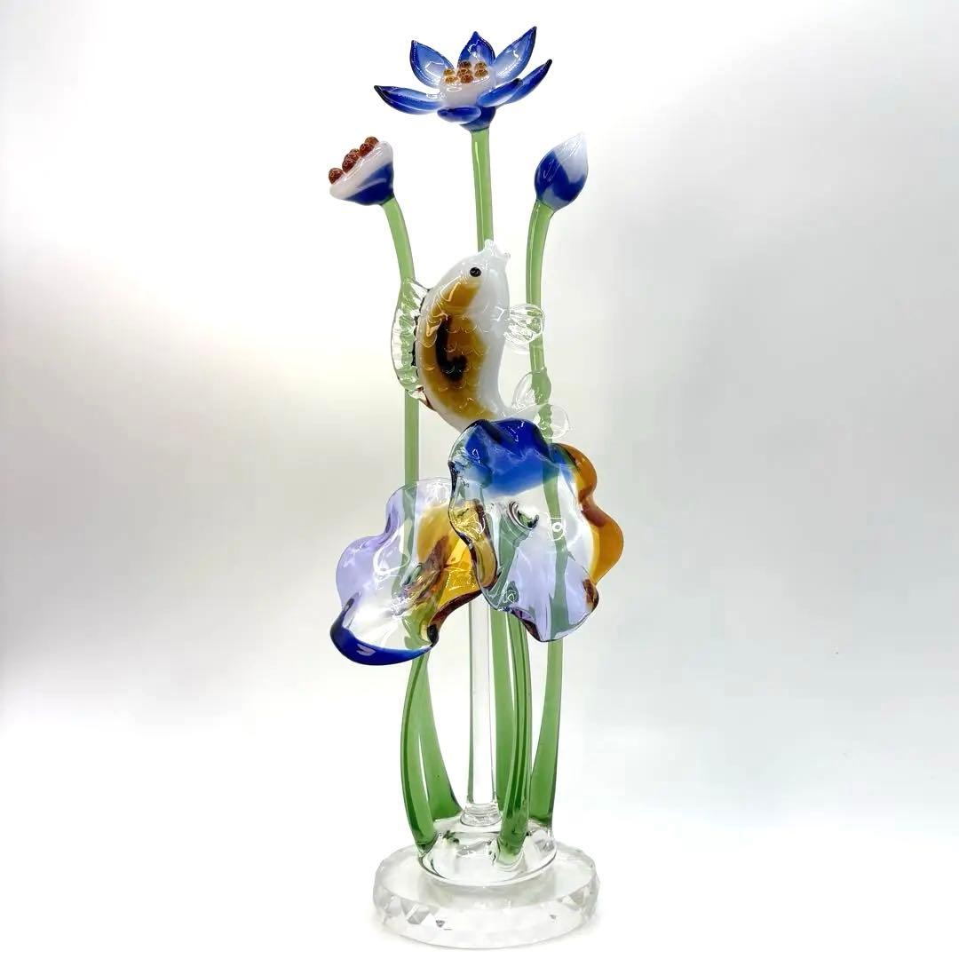 一点モノ 蓮（ハス）の花と鯉 オブジェ ガラス工芸 インテリア 置物 ガラス細工