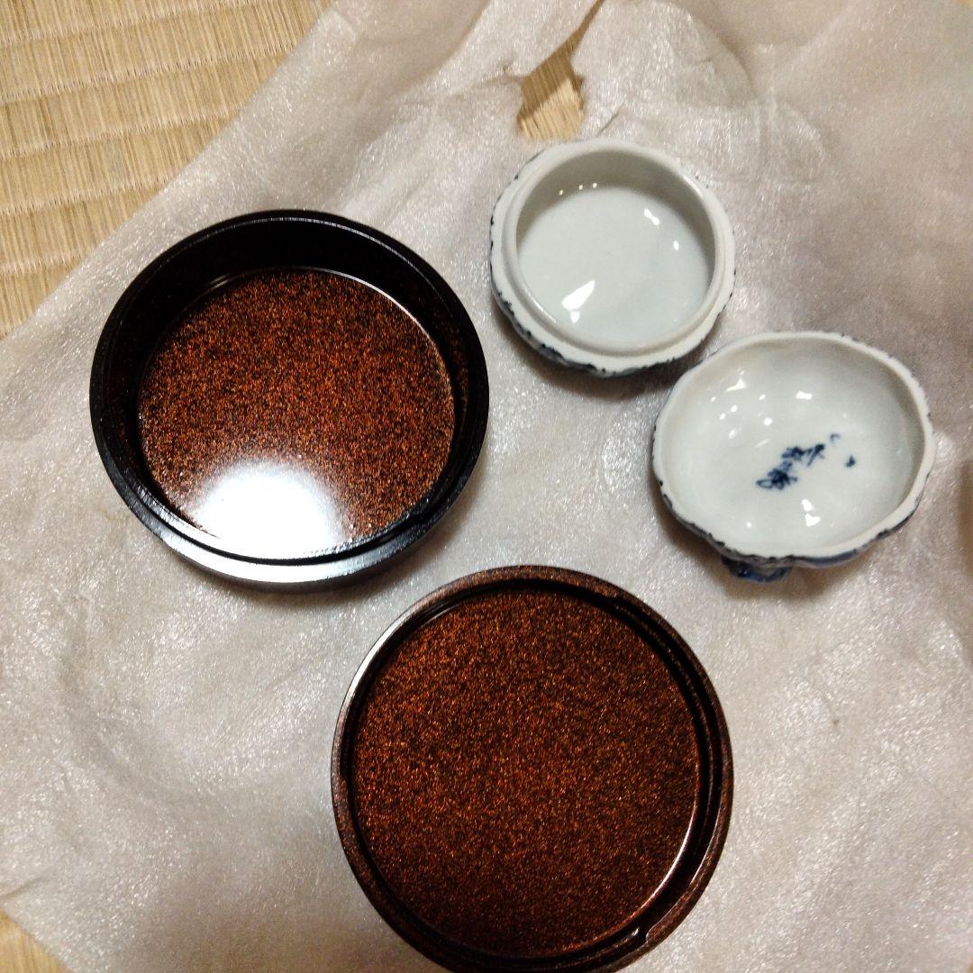 Lilas　万古焼　茄子香合　膳所焼　紅葉茶碗　昭阿彌　蜜柑、秋草蒔絵香合