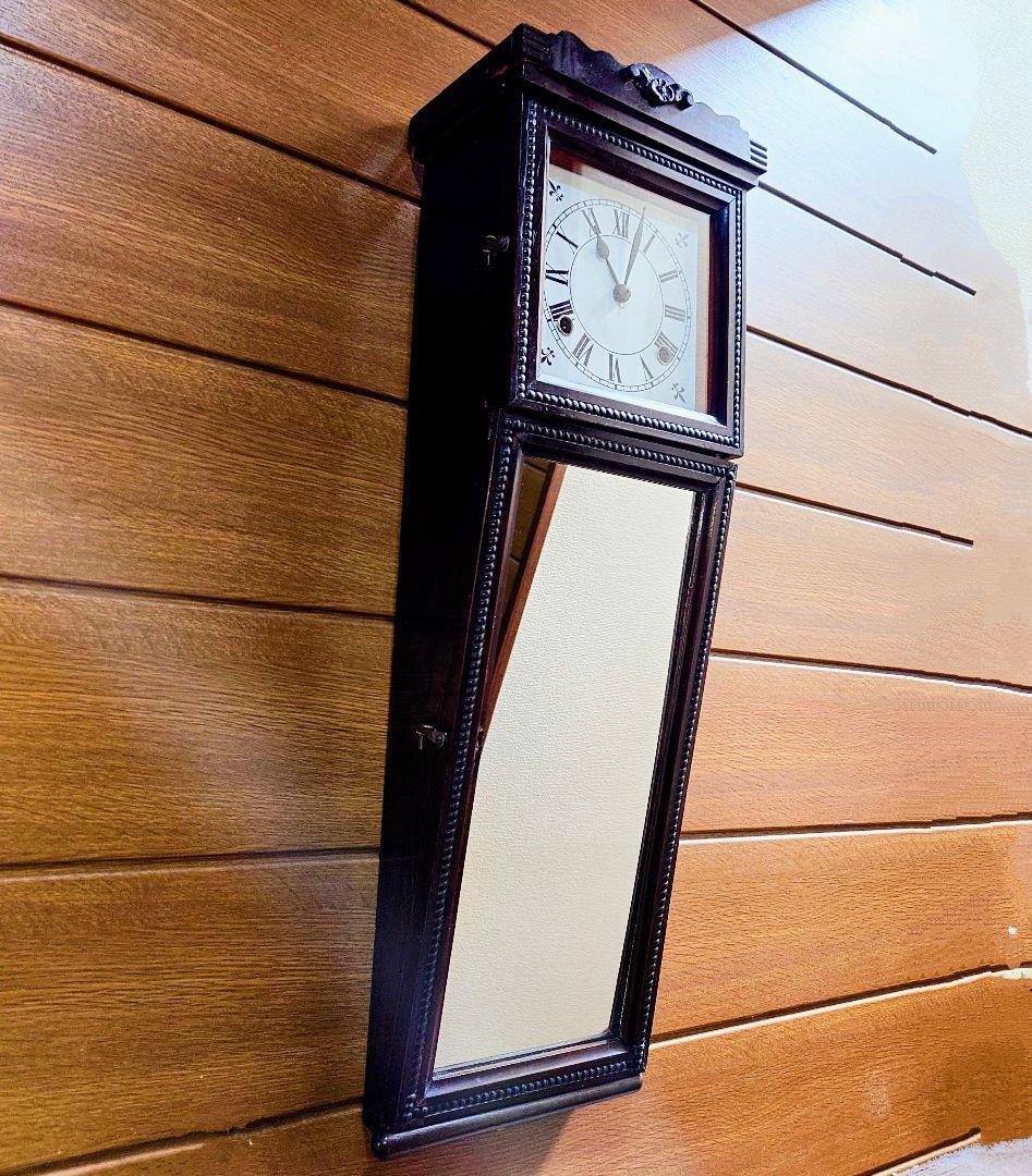 〈完動美品〉珍品　鏡付き傾斜型ゼンマイ振り子時計　アンティーク古時計