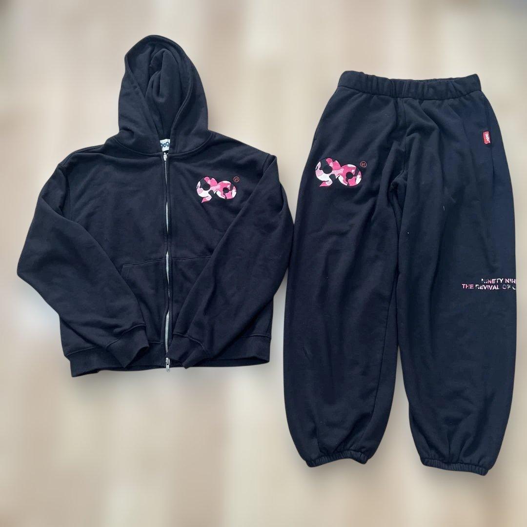 9090 90logoジップパーカーブラックピンク迷彩 セットアップ