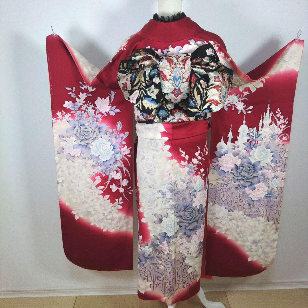 格安！　振袖フルセット　9点　成人式　結婚式　前撮り　えんじ色　赤　バラ