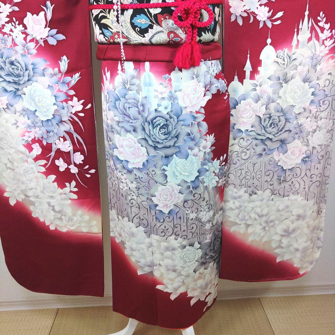 格安！　振袖フルセット　9点　成人式　結婚式　前撮り　えんじ色　赤　バラ