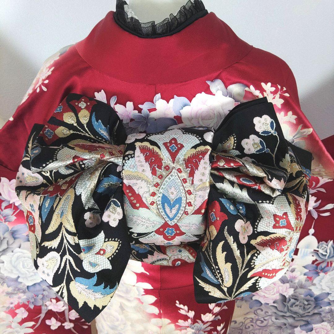 格安！　振袖フルセット　9点　成人式　結婚式　前撮り　えんじ色　赤　バラ