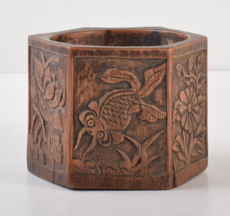 中国　書道具　古竹　花彫　筆筒　M　R4936