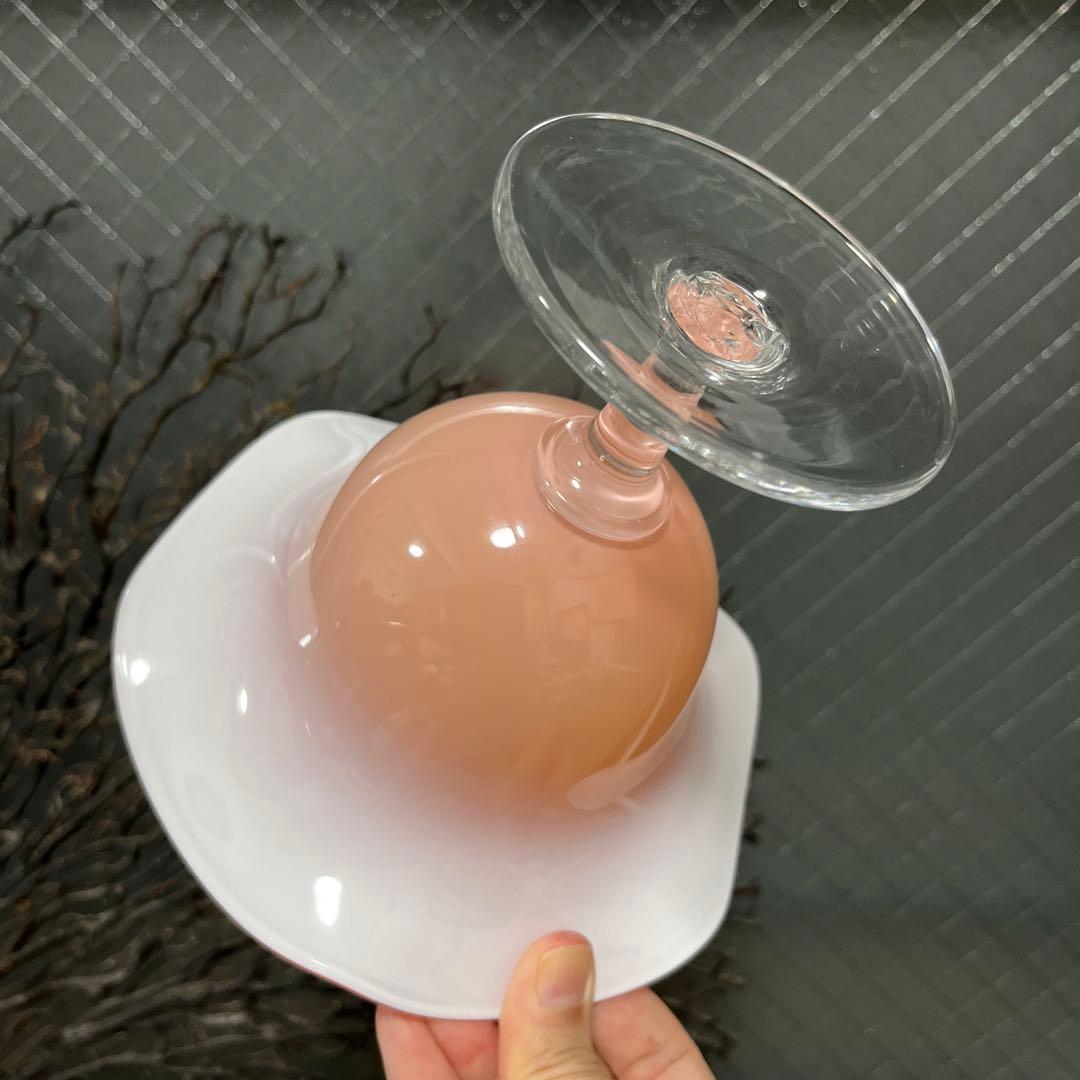 骨董　時代　２色バイカラーフリル 乳白色ガラス　橙色　脚付コンポート　菓子器