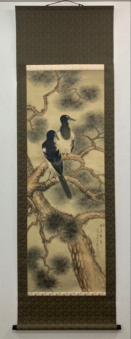 山下仙谷【花鳥 図】絹本　掛軸（箱破損）(検索ワード：渡辺崋山)