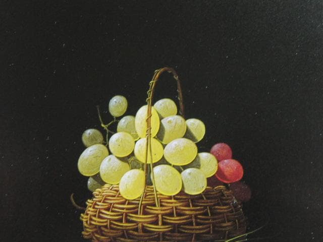 百瀬郷志、【葡萄と篭と】、希少な額装用画集画、新品高級額 額装付