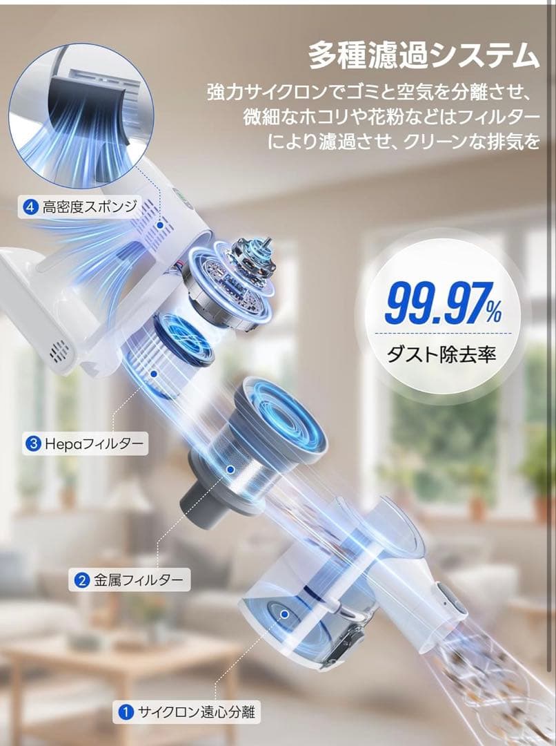 コードレス掃除機 75000Pa 3種掃除モード 軽量 静音 LED