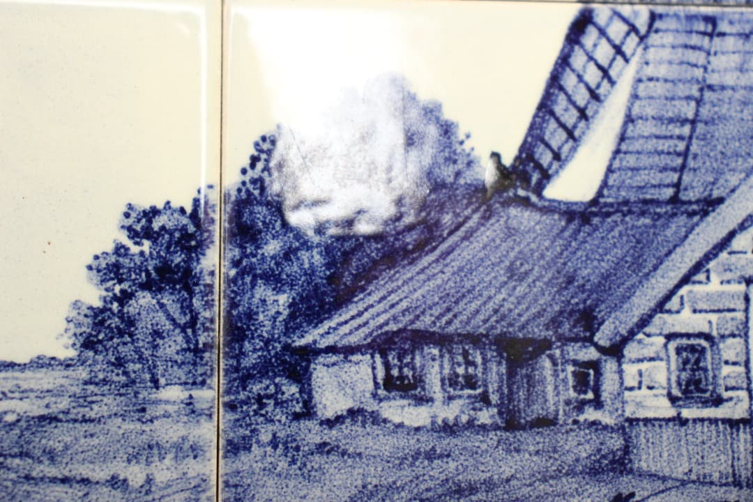 オランダ　デルフト　タイル画　タイルタブロー　額飾り　風車　船