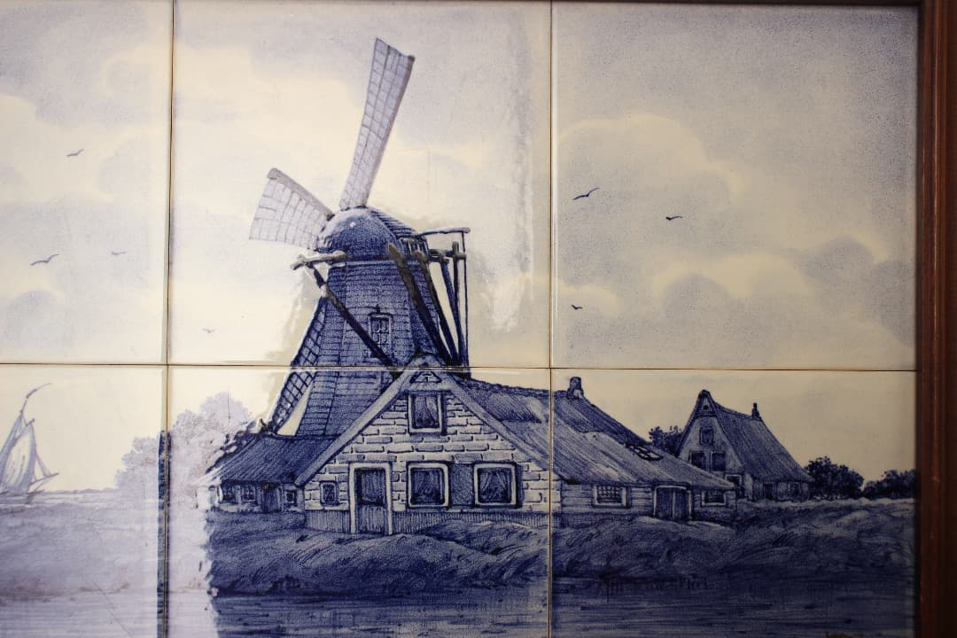 オランダ　デルフト　タイル画　タイルタブロー　額飾り　風車　船