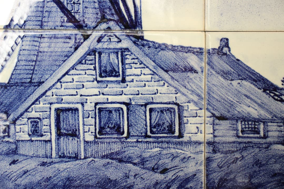 オランダ　デルフト　タイル画　タイルタブロー　額飾り　風車　船