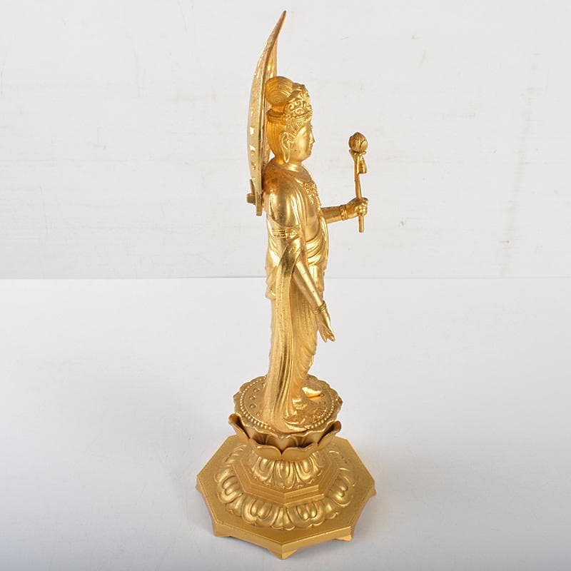 仏師　牧田秀雲作　銅鍍金　聖観世音菩薩像　仏像　置物　共箱　V　R7202B