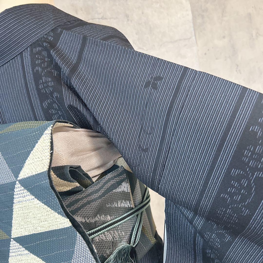 小紋　フルセット　着物　正絹　縦縞　唐草　シャレ帯　紬　p3