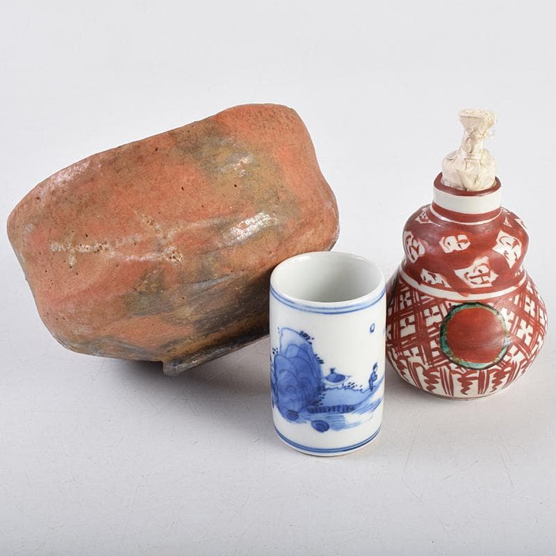 茶道具　柿合溜　四季七宝蒔絵　利休茶箱　赤楽茶碗　棗など　七点一式　MR9485