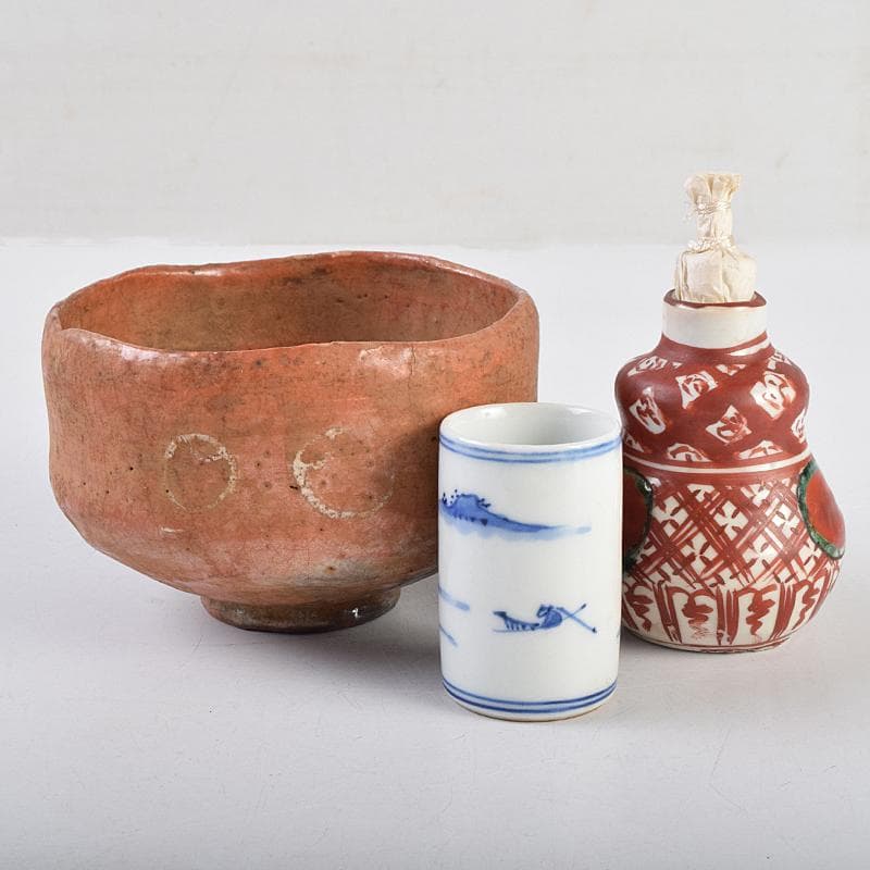 茶道具　柿合溜　四季七宝蒔絵　利休茶箱　赤楽茶碗　棗など　七点一式　MR9485