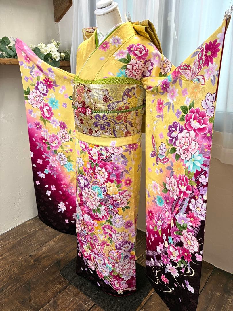 振袖フルセット　1127 黄色　正絹　振袖　格安！