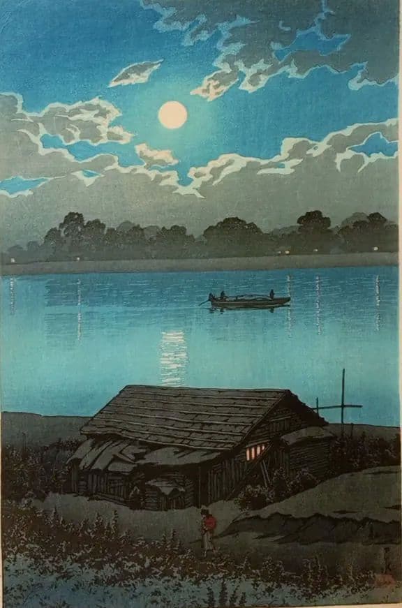新版画荒川の月、川瀬巴水画作品年月日不詳（渡邊版画店の印章無し)初版は昭和4年作