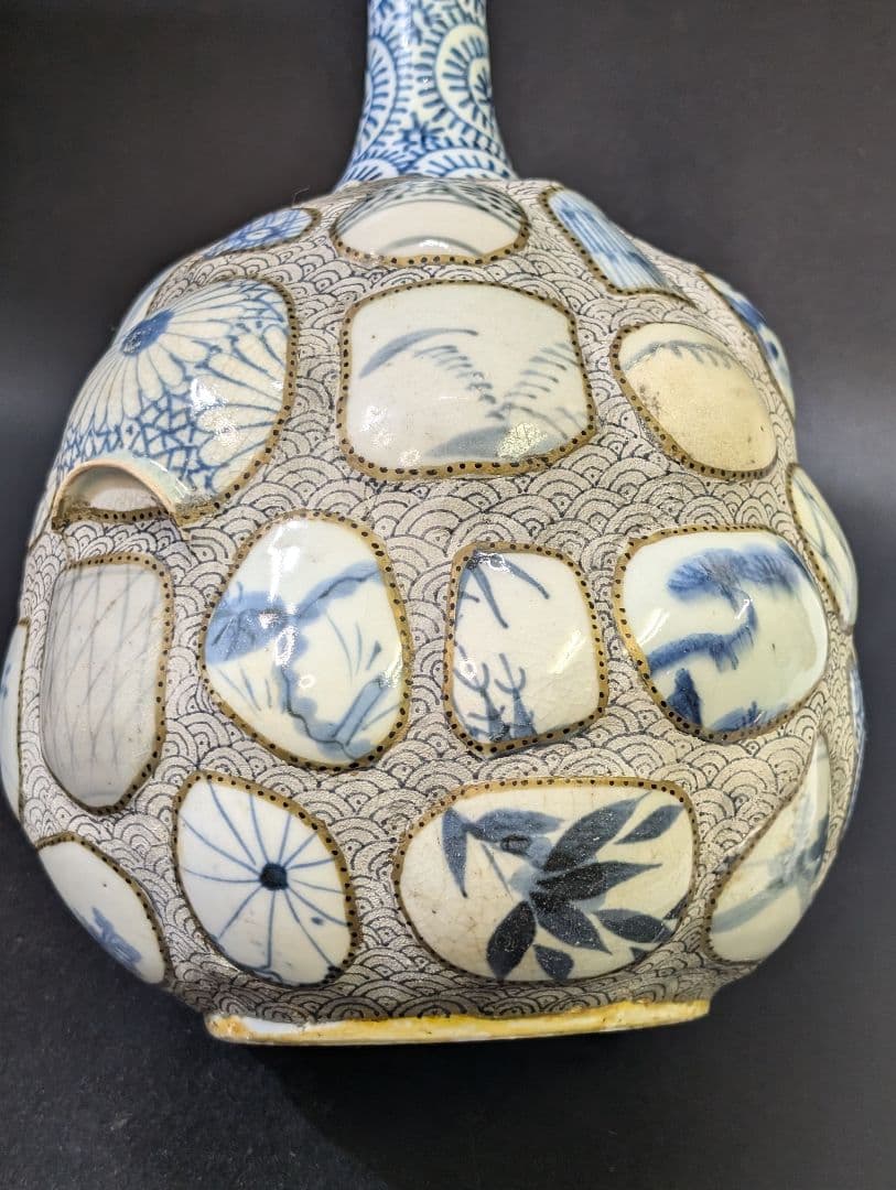 有田焼 古伊万里 古染付 陶片張 蛸唐草文 陶片 大徳利 酒器 花瓶 時代物骨董