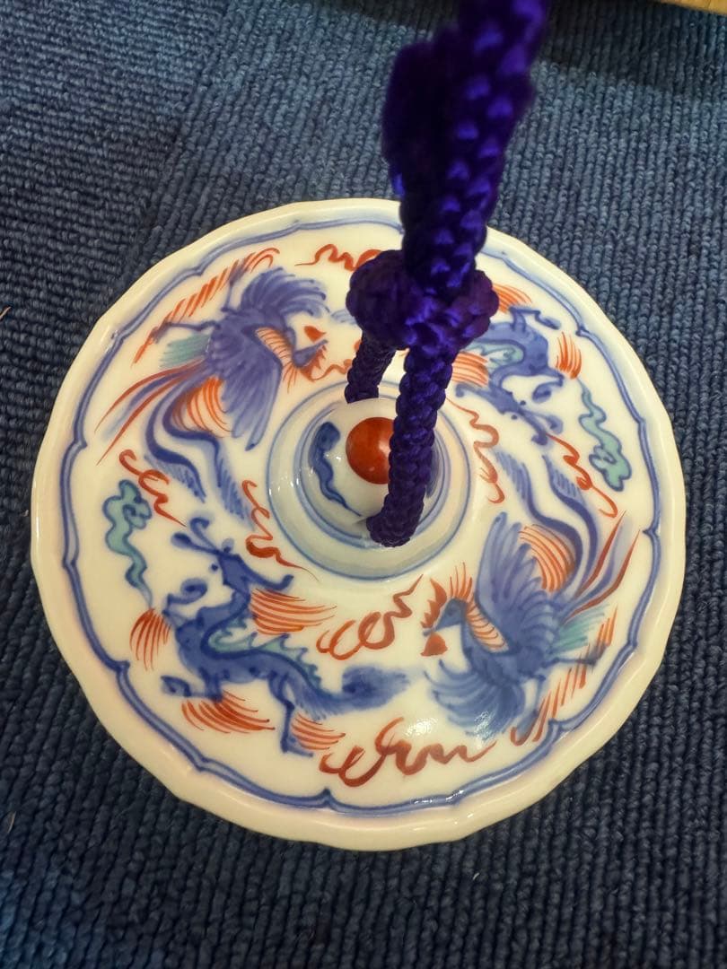 1879 十四代　辻常陸製　染錦龍鳳凰文　文鎮　未使用