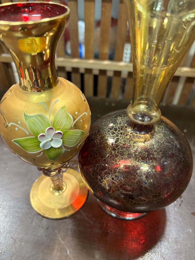 ベネチアンガラス 一輪挿し 赤と金のガラス花瓶 2点セット 大特価