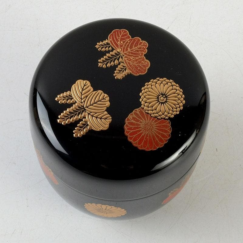 茶道具　和田寿峰作　水目　黒真塗　菊桐蒔絵　中棗　共箱　V　9378