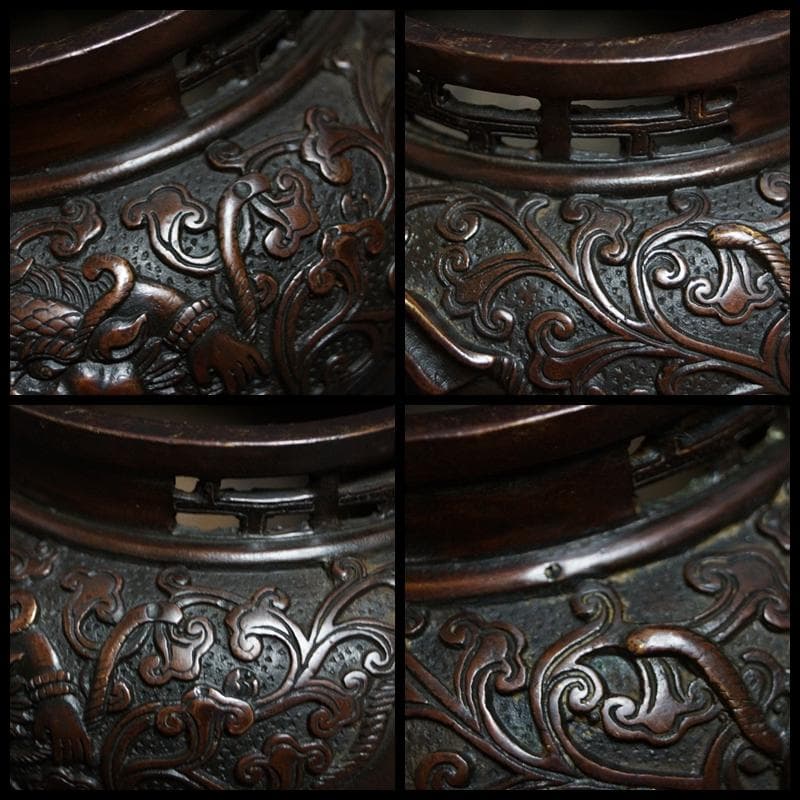 乾隆年製 銅製 金工細工『獅子文』香炉 象摘 象双耳 透かし蓋 三足香炉 銅製台