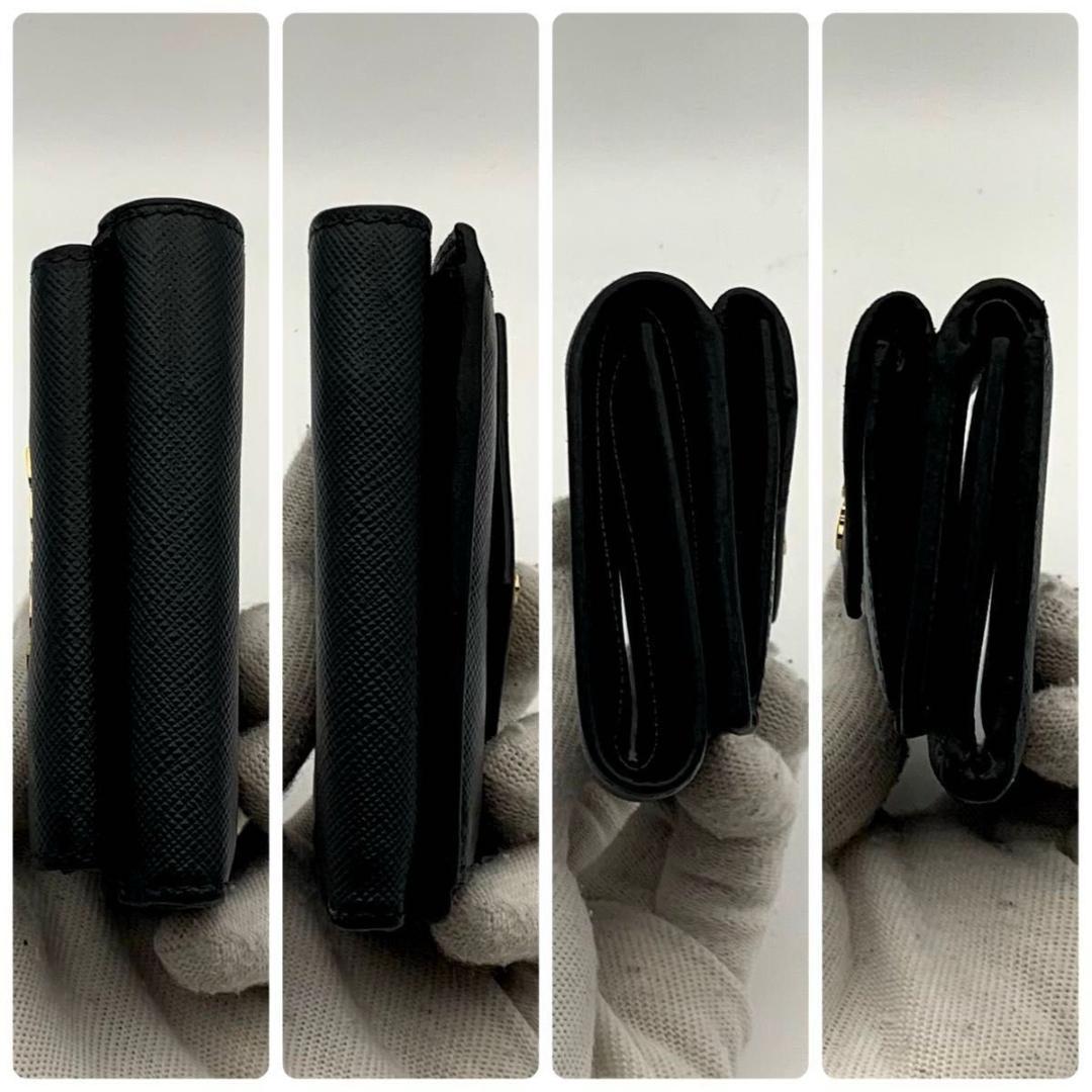 鑑定済み プラダ 三つ折り 財布 Wホック サフィアーノ レザー コンパクト 黒