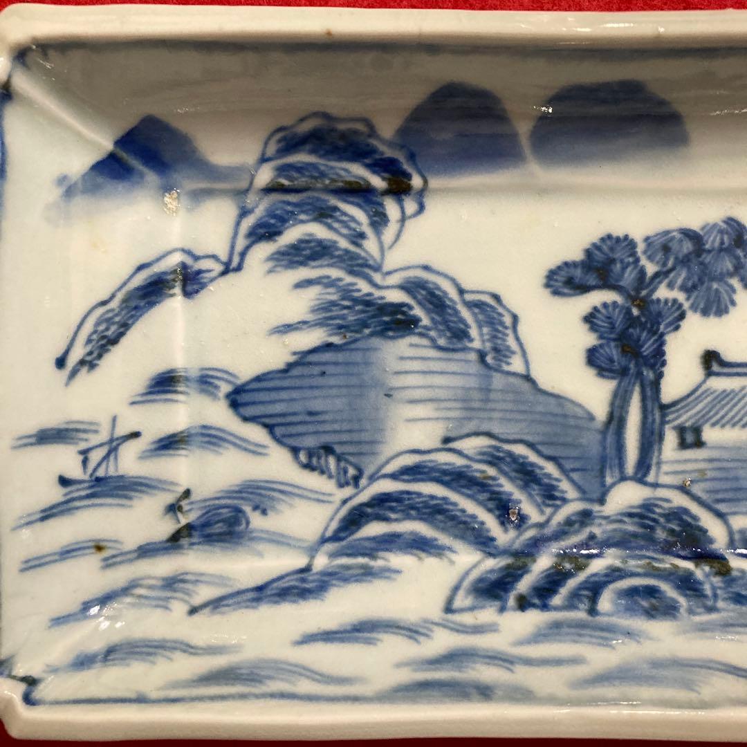 古陶磁　古伊万里　白磁染付山水図長皿　無傷完品　（江戸期）