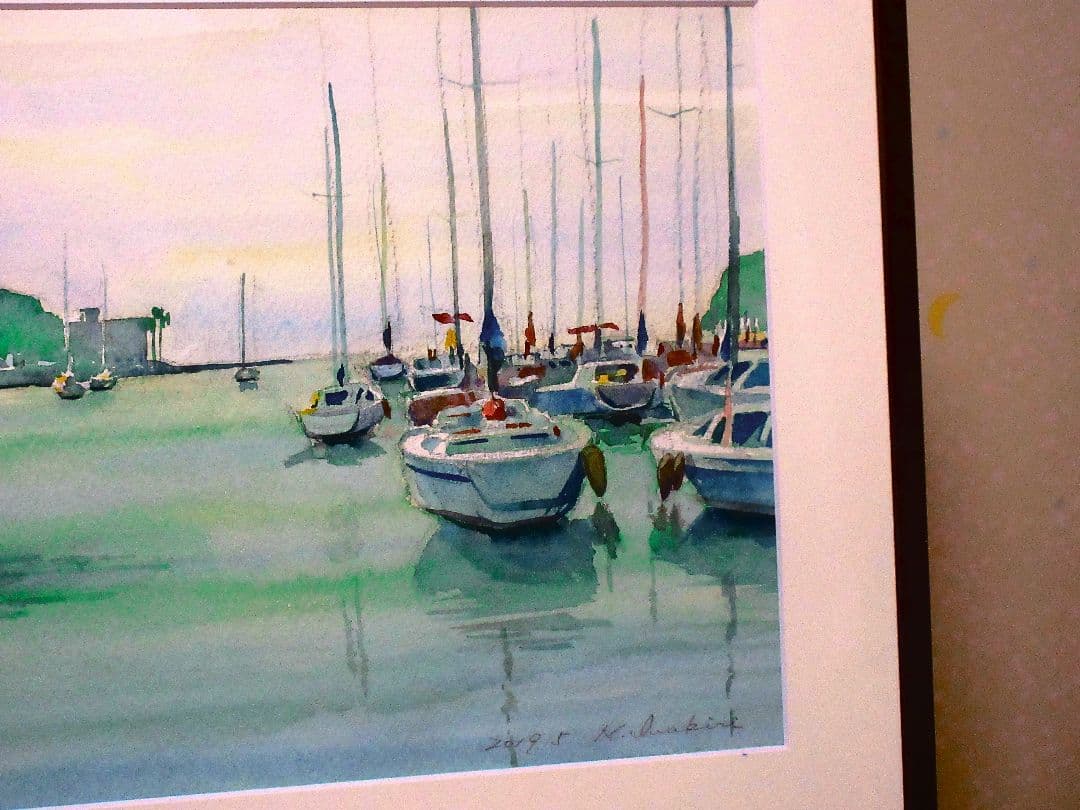 諸磯湾のヨット風景 (水彩画 額装済み)