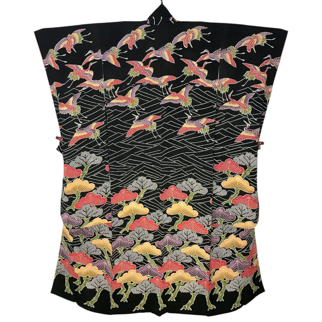 【振袖セット】松に鶴模様　黒地　6点セット　正絹　成人式　美品　アンティーク