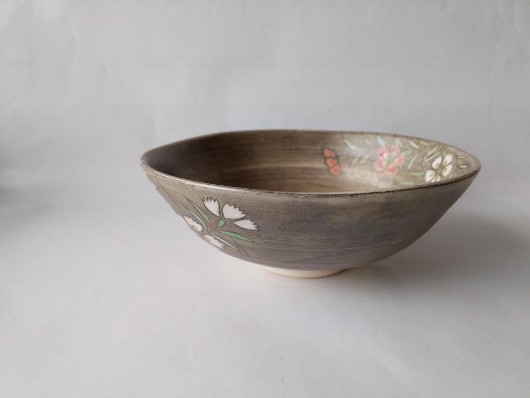 東福窯 中村能久 作 仁清写銀地撫子之図 平茶碗 京焼 共箱 共布 栞 新品