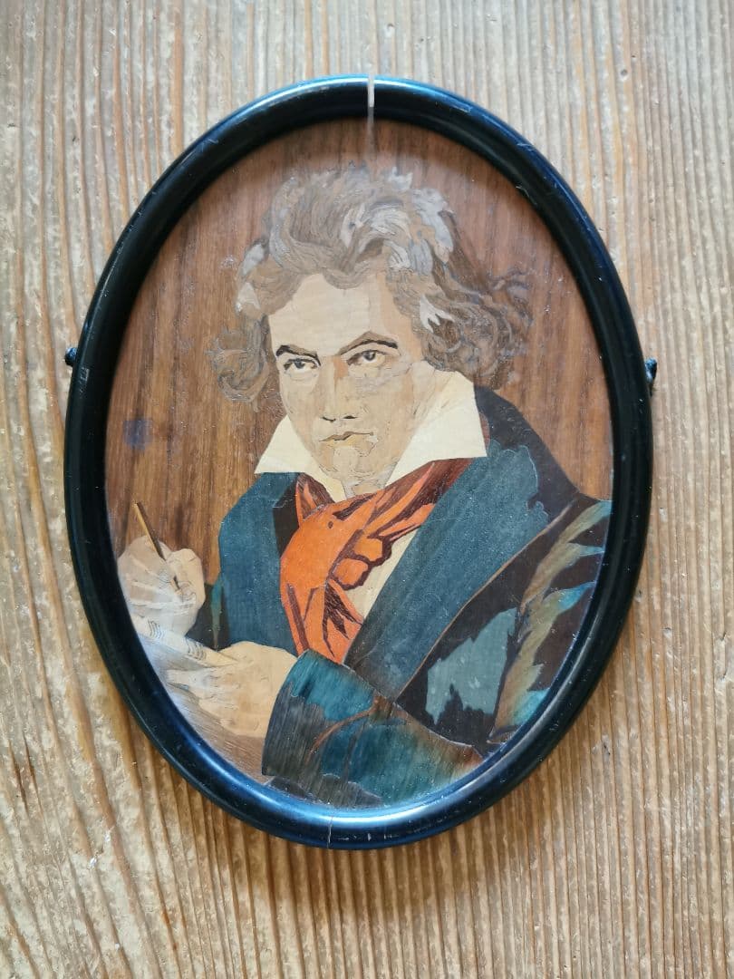 アンティークドイツ ベートーヴェン 象嵌肖像画 マホガニー ブラックフレーム
