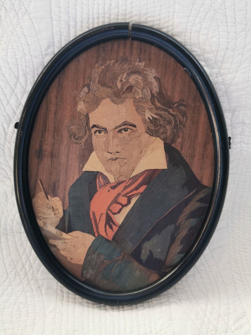 アンティークドイツ ベートーヴェン 象嵌肖像画 マホガニー ブラックフレーム