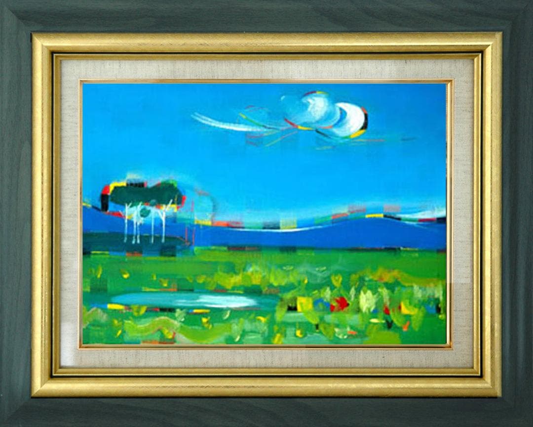 油絵 菅家令子 絵 絵画インテリア額付(青緑＋金色の枠) F4-080111風景