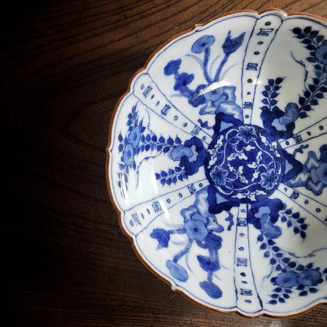 古伊万里 染付 なます皿 芙蓉手 花図 花唐草 イ号 訳あり 縁欠け 明治