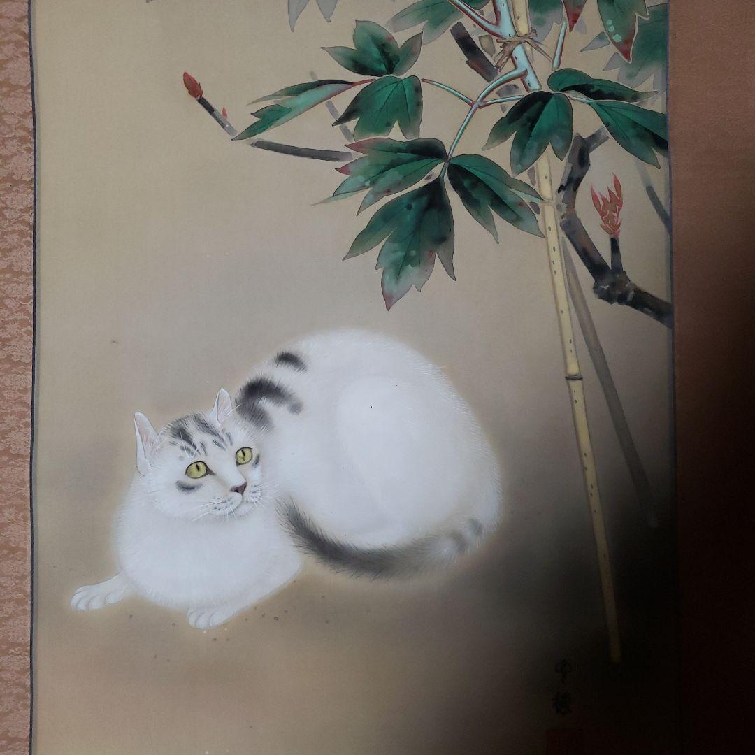 白い猫と牡丹の掛軸