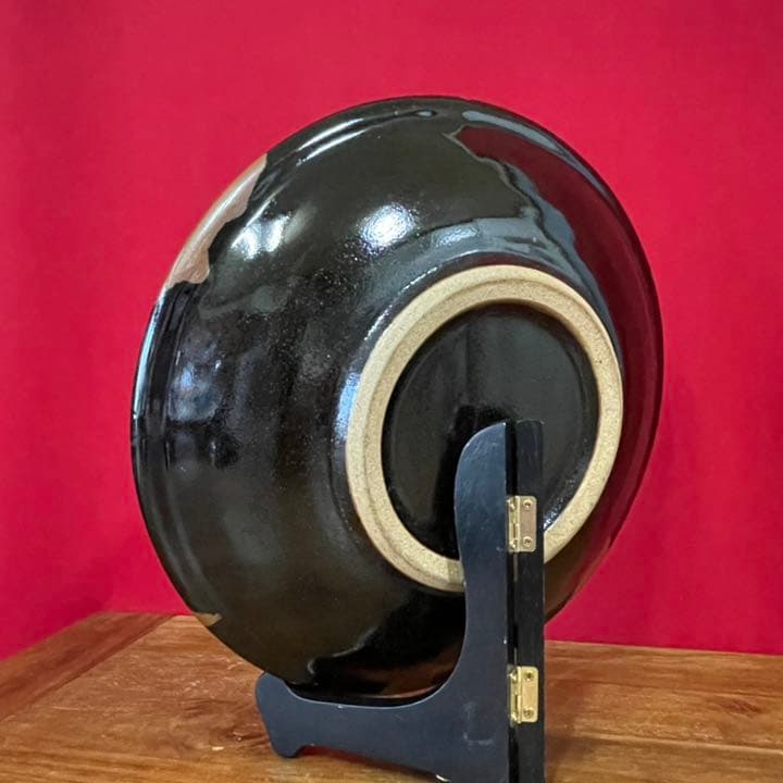 てつ濱田庄司(浜田庄司) 黒釉流描皿 濱田友緒識箱 益子焼人間国宝