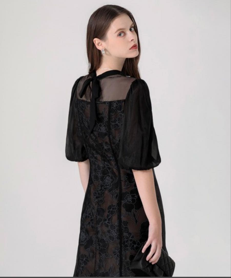 美品✨ Leja 花柄オーガンジーレース シアーパフスリーブドレス M ブラック