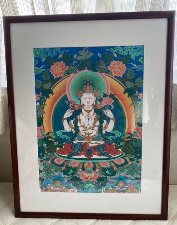 チベット　観音菩薩のタンカ　仏画　額入り